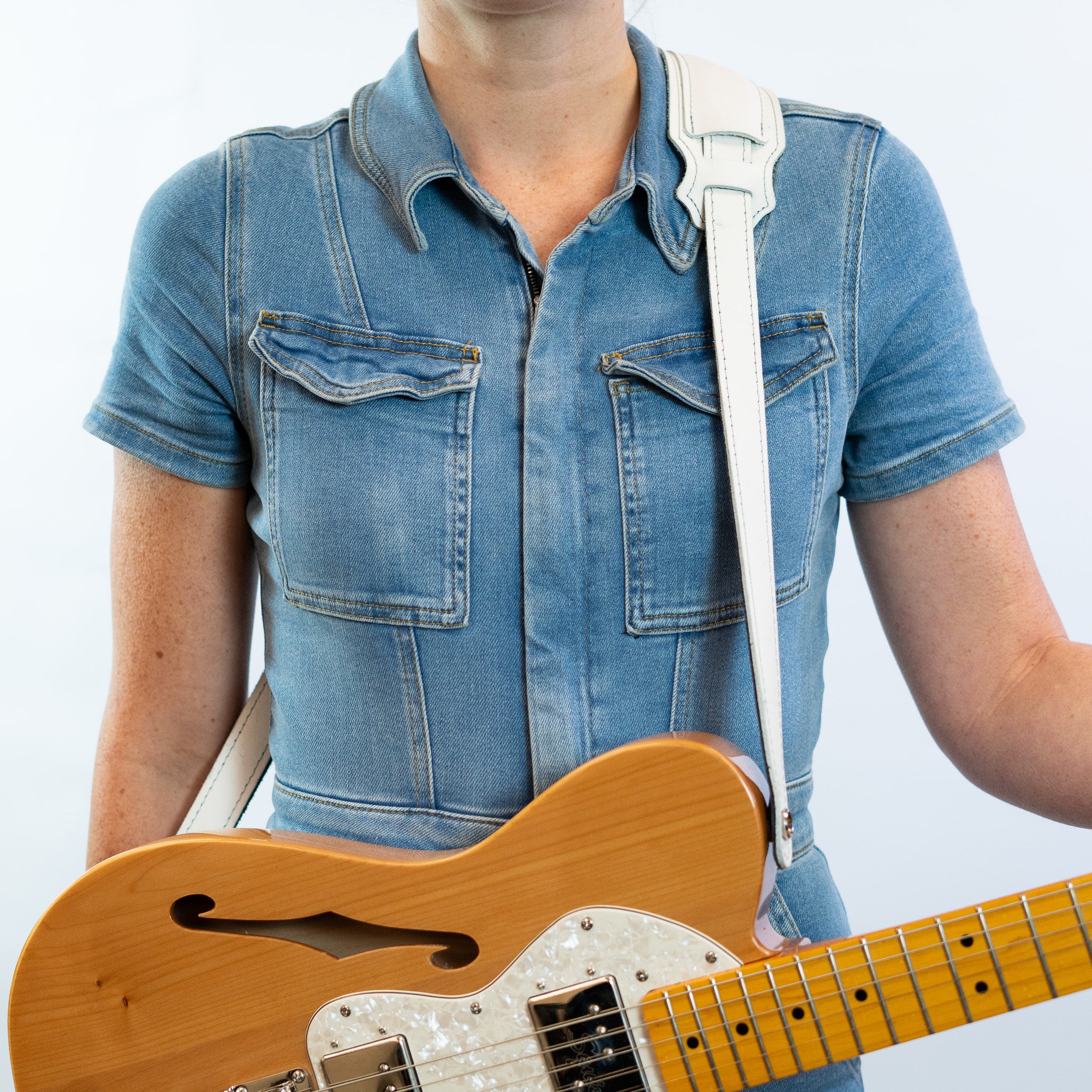 American Bison Leather Vintage Style Guitar Strap - White