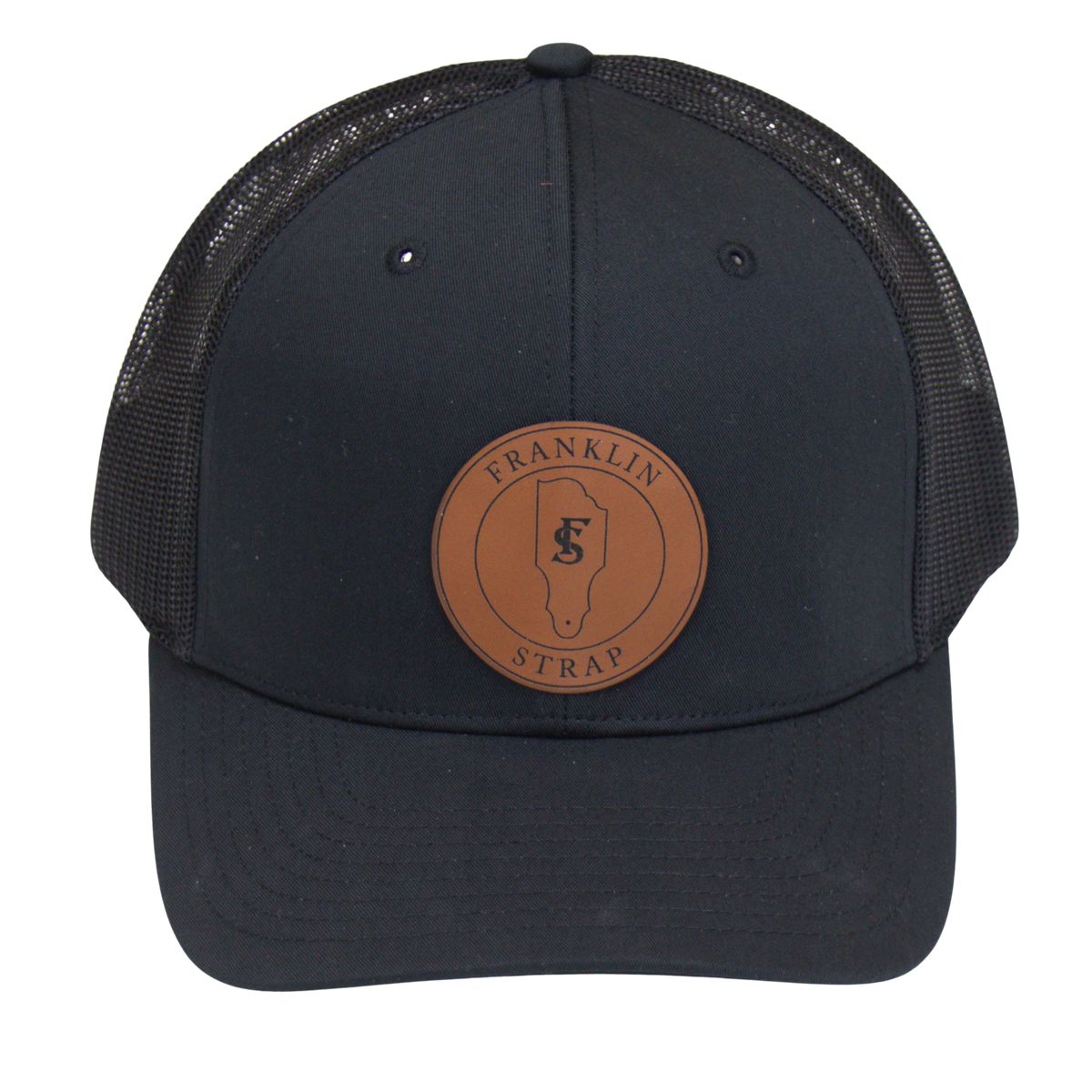Franklin Strap Black Trucker Hat with Leather Patch | Official Franklin Apparel