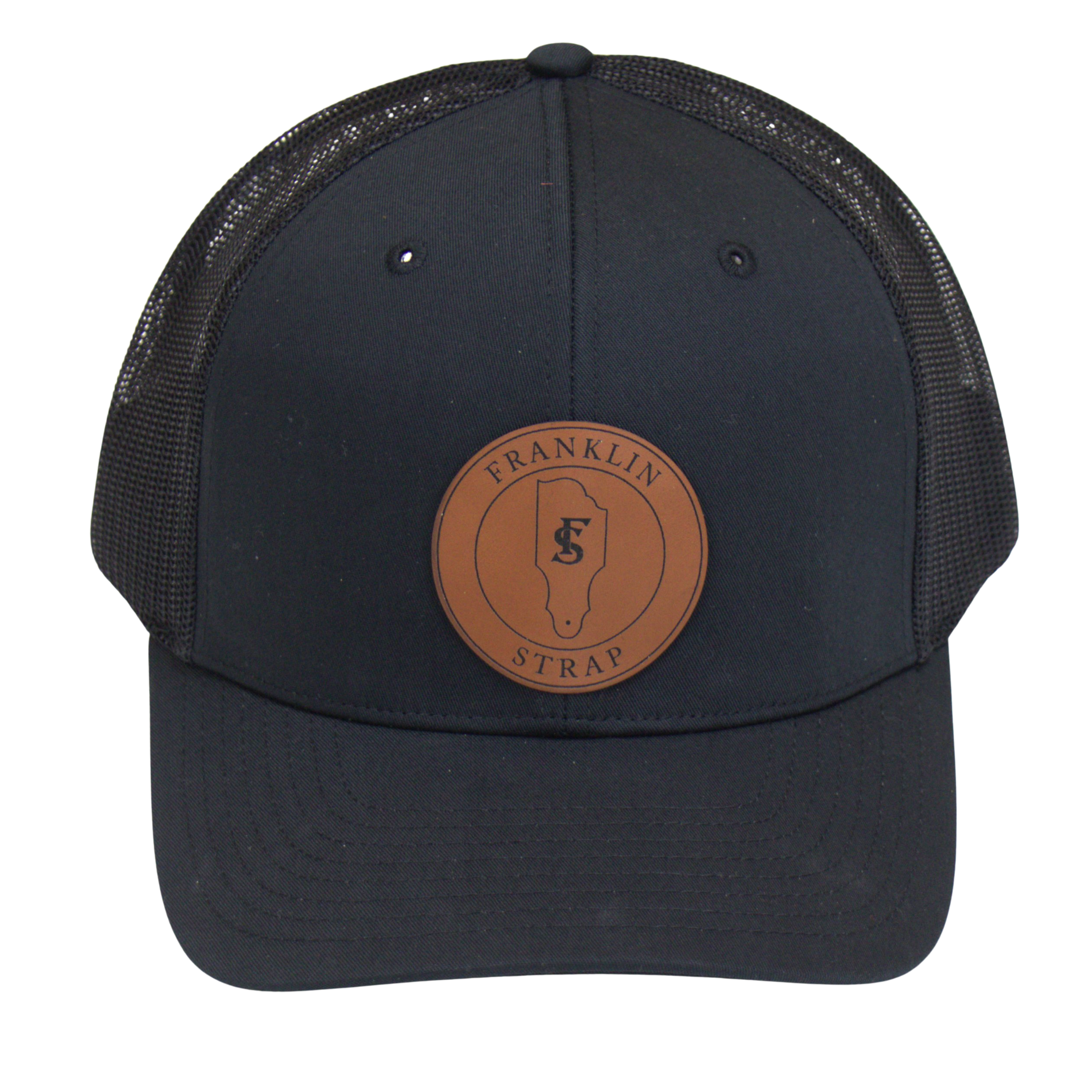 Franklin Strap Black Trucker Hat with Leather Patch | Official Franklin Apparel